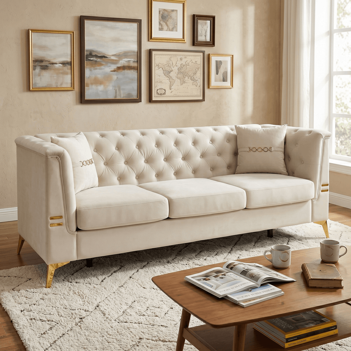 Ivory Velvet 3‑Seat Sofa