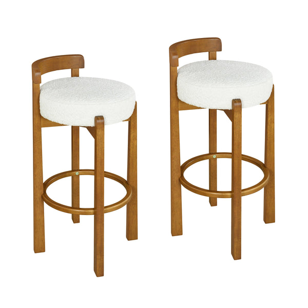 Walnut Wood Bar Stools with White Upholstered Seats – Modern Counter Stools (Set of 2)