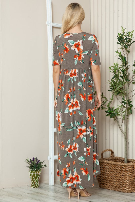 Floral Round Neck Short Sleeve Maxi Tee Dress – Casual and Comfortable Floral Maxi Dress with Relaxed Fit and Short Sleeves