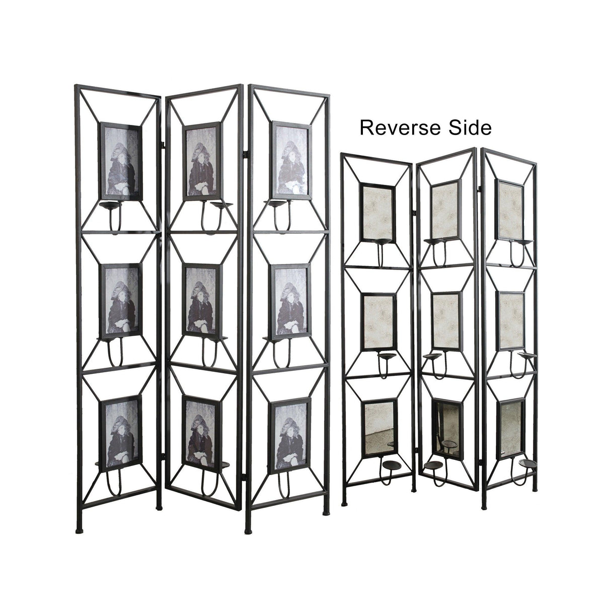Vintage Black Metal Room Divider with Photo Frames, Antique Mirrors & Candle Holders