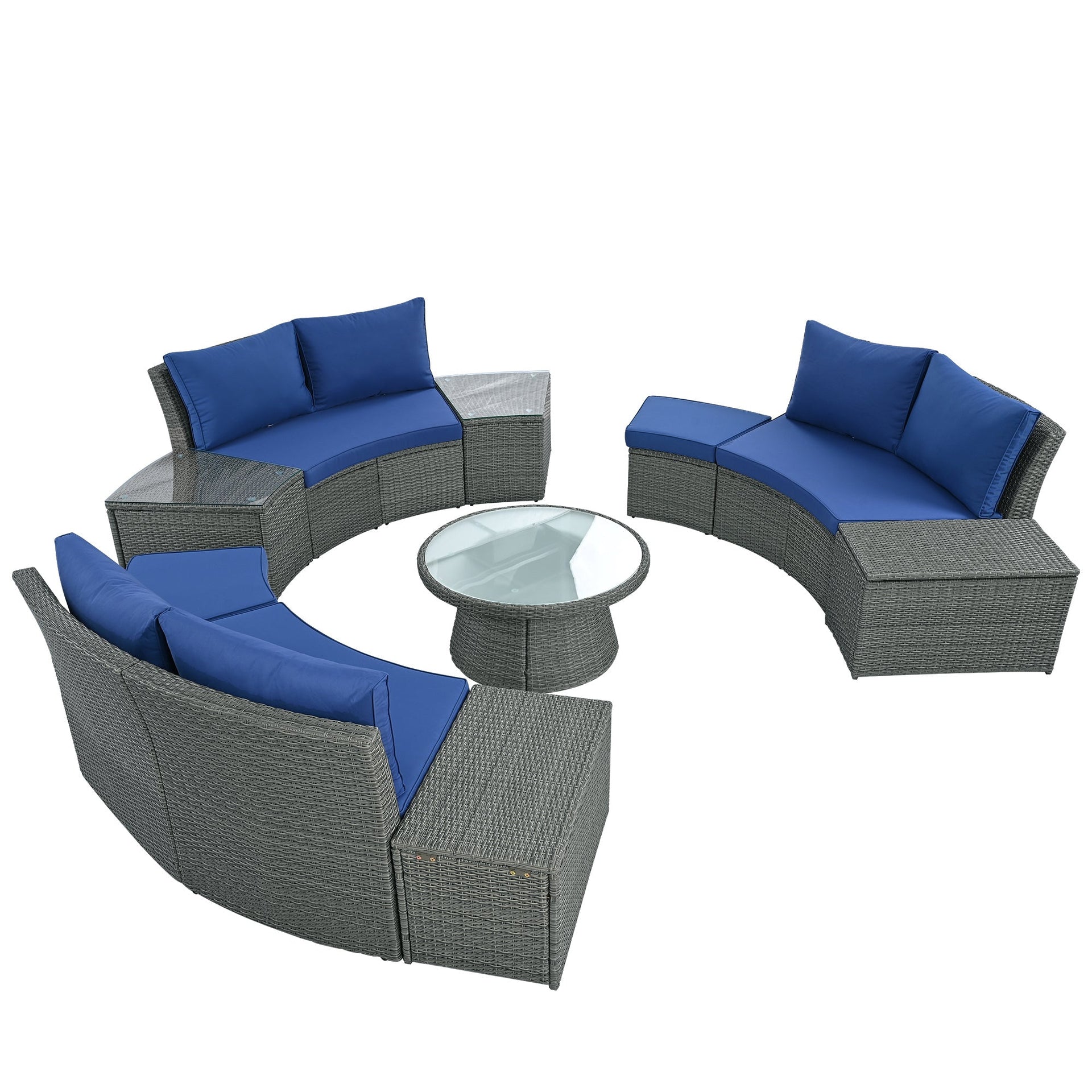 10-Piece Outdoor Sectional Half Round Patio Rattan Sofa Set, PE Wicker Conversation Furniture Set for Free Combination, Blue