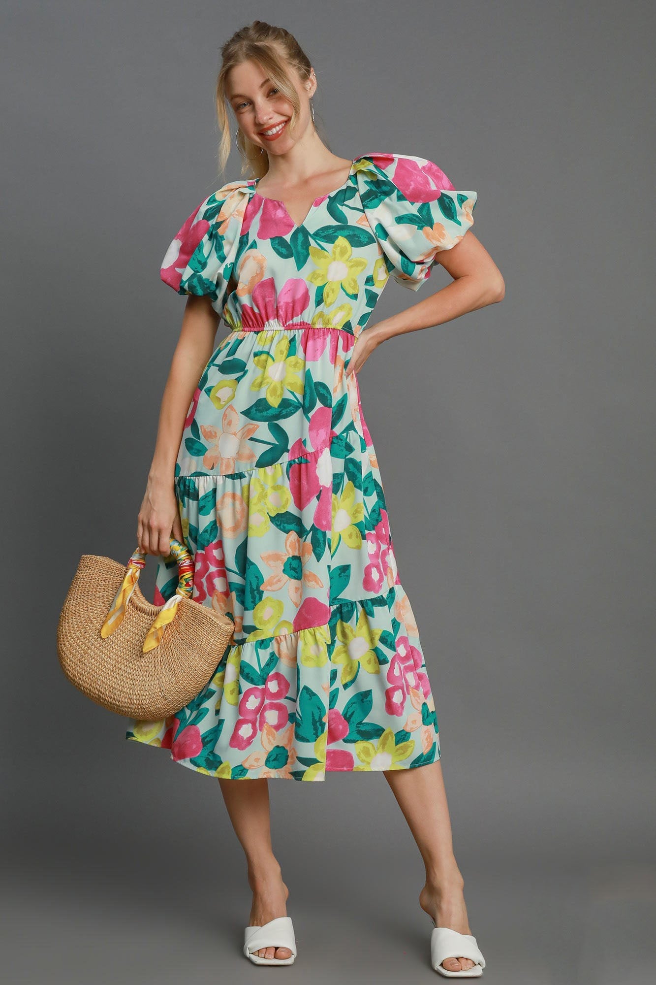 Colorful Full Size Floral Print Puff Sleeve Midi Dress Plus Size Elegant & Feminine Romantic Long Dress