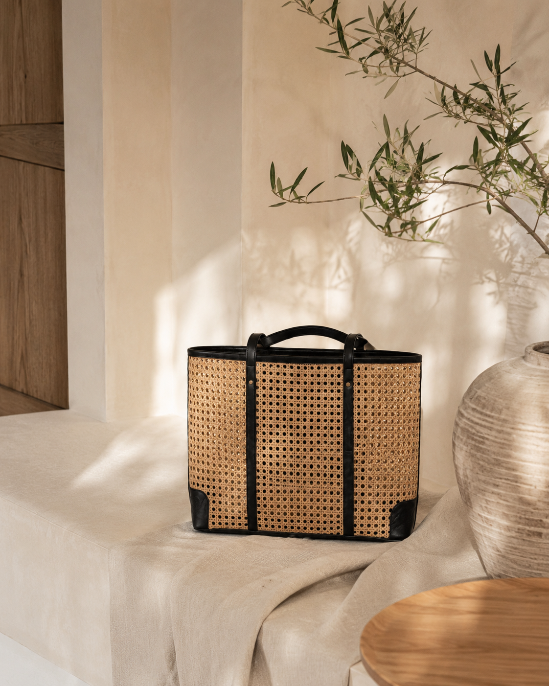 Dian Leather and Rattan Tote Bag