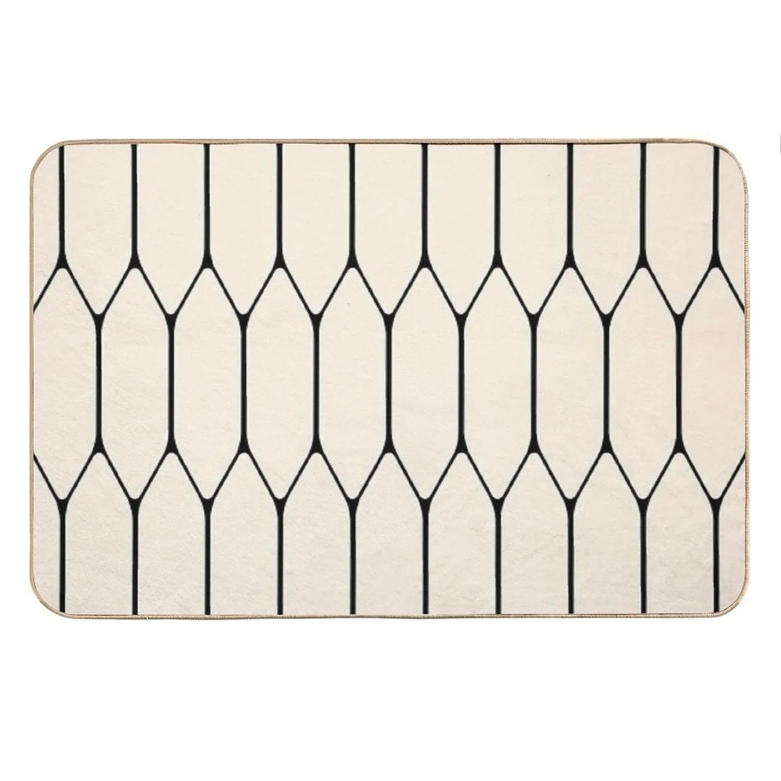 Long Honeycomb Minimalist Geometric Pattern in Black And Almond Cream Bath Mat