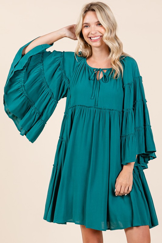 Frill Tie Neck Bell Sleeve Dress For Women – Feminine and Sophisticated Dress with Playful Frill Details and Elegant Bell Sleeves