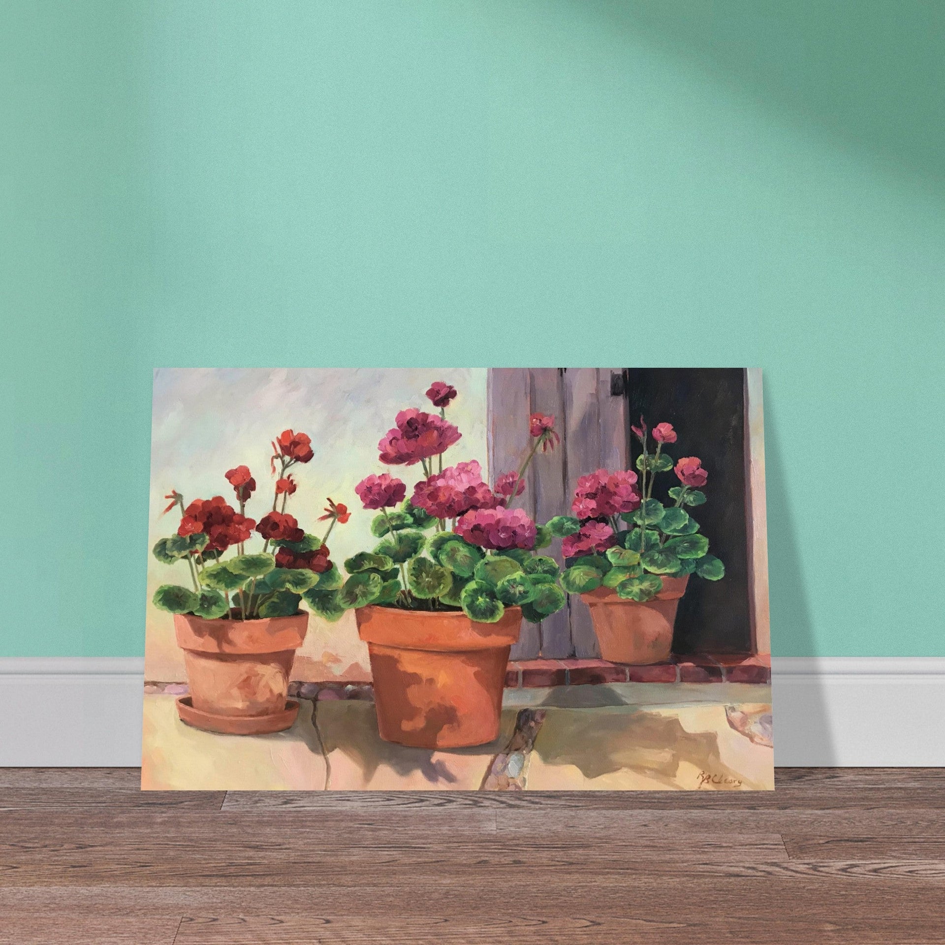'Potted Red Geraniums Series 2' Floral I 16x24 Museum-Quality Matte Paper Poster I Original Artwork by American Artist Barbara Cleary