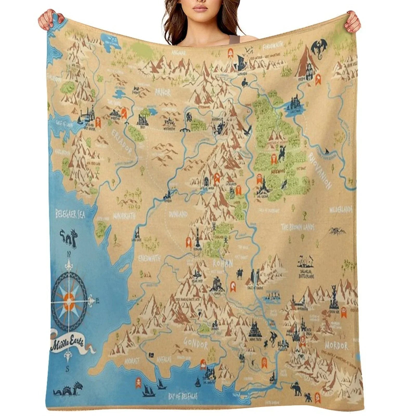 Tolkien - Middle Earth Map,  Simple Icon Illustrations Throw Blanket
