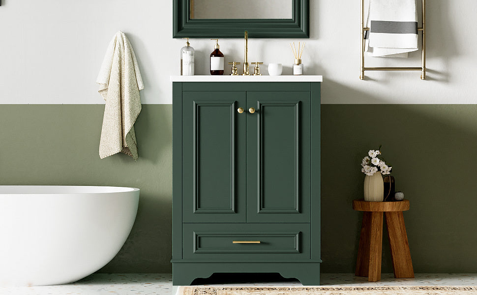 Bathroom Vanity with Ceramic Sink and Modern Freestanding Storage Cabinet, Soft-Close Doors