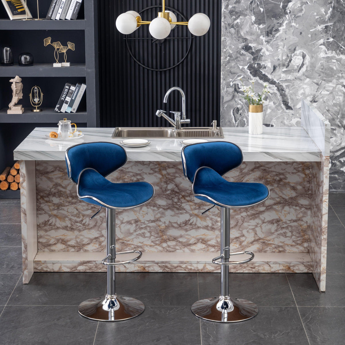 Blue Velvet Adjustable Swivel Bar Stools with Chrome Base & Footrest – Set of 2