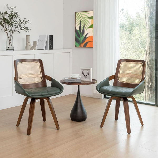 Set Midcentury Green Rattan Bentwood Dining Chairs