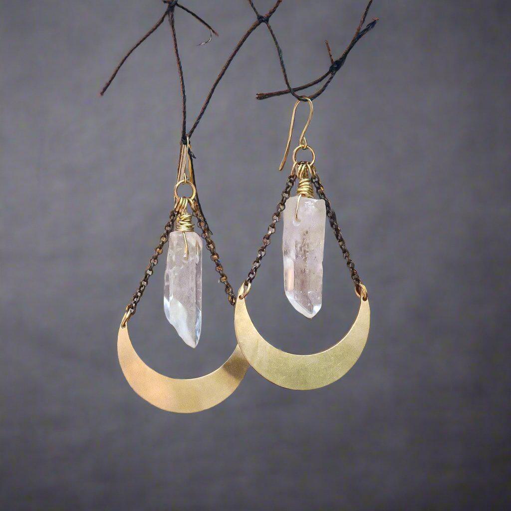 Quartz Point Earrings in Brass - Moon | Handmade by Blackbird & Sage