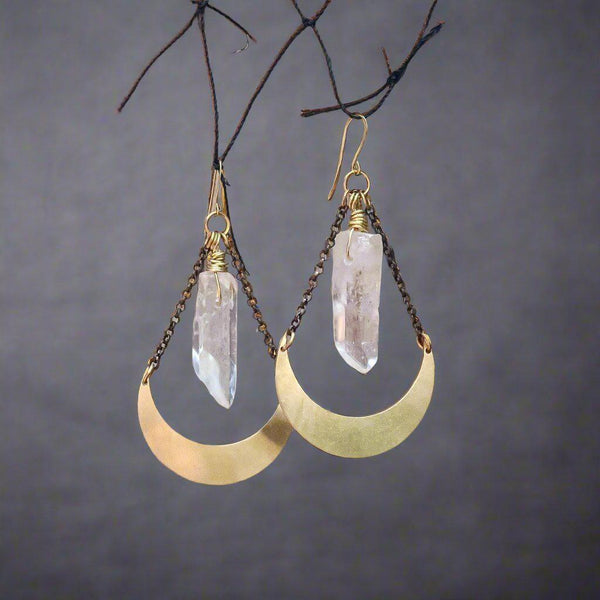 Quartz Point Earrings in Brass - Moon | Handmade by Blackbird & Sage