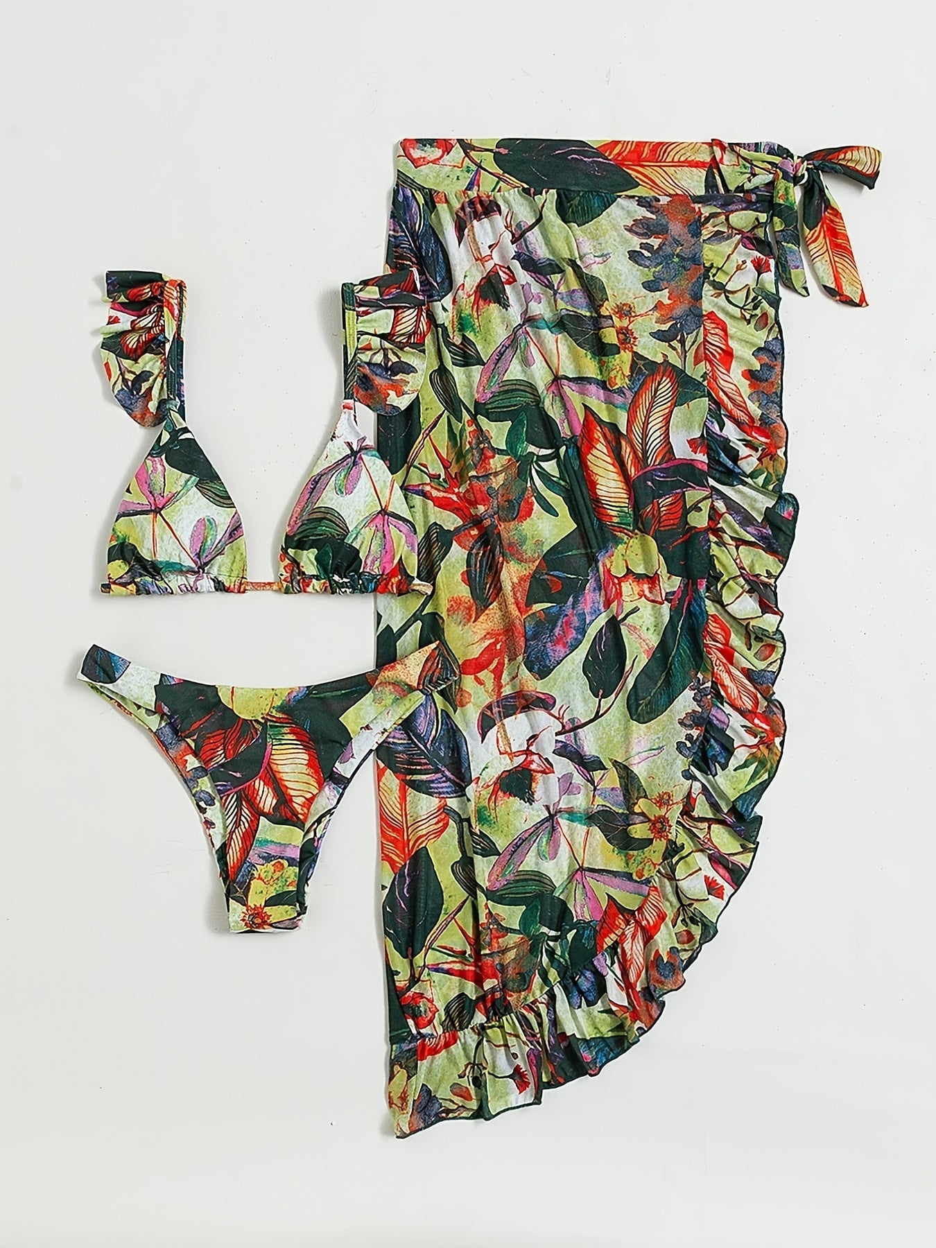 Bloom Breeze 3-Piece Bikini Set – Elegant High Cut Floral Fluttering Swimsuit with Lettuce Trim Tie Back Bandeau and Coordinating Cover Up Skirt – Women's Romantic Swimwear for Beach & Resort Vacations