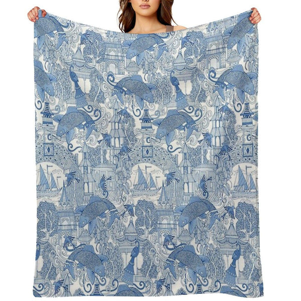 Chinoiserie Toile Blue Throw Blanket
