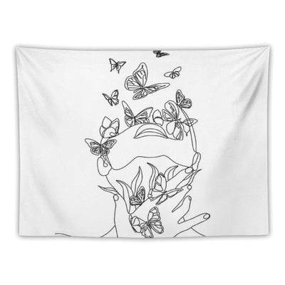 Abstract Face with Butterfly by One Line Drawing. Portrait Minimalistic Style.  Botanical Print. Nature Symbol of Cosmetics. Mod Tapestry