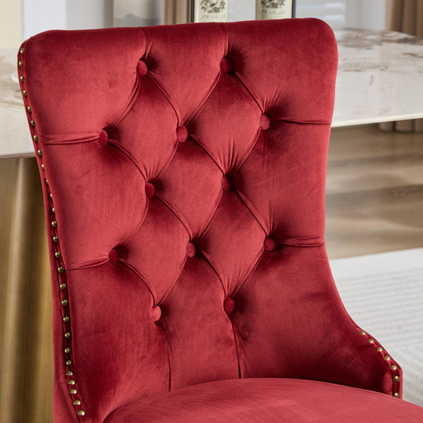 Mid-Century Modern Tufted Velvet Dining Chairs with Lion Head Pull Ring and Nailhead Trim