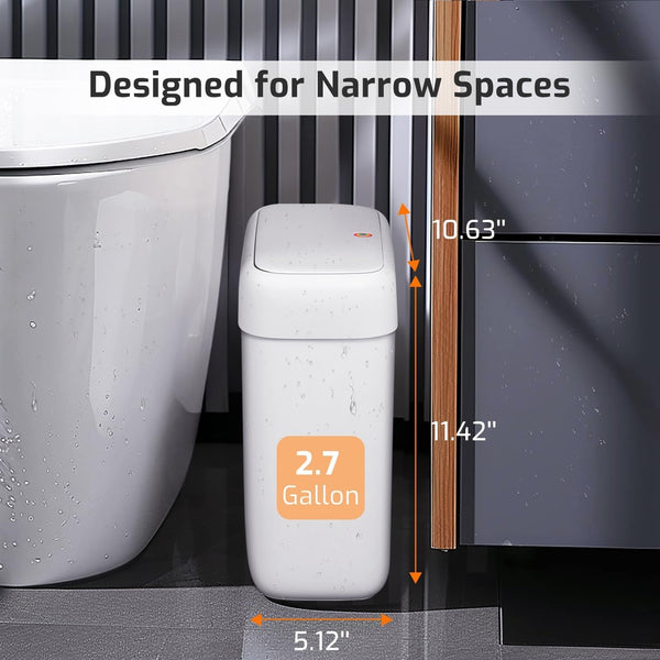 MOPALL Small Bathroom Trash Can with Lid, 2.6 Gallons / 10 L Slim Plastic Garbage Bin with Pop-Up Lid, Mini Waste Basket Can Dog Proof for Kitchen, Bedroom, Office, Laundry, Toilet, Rv, White