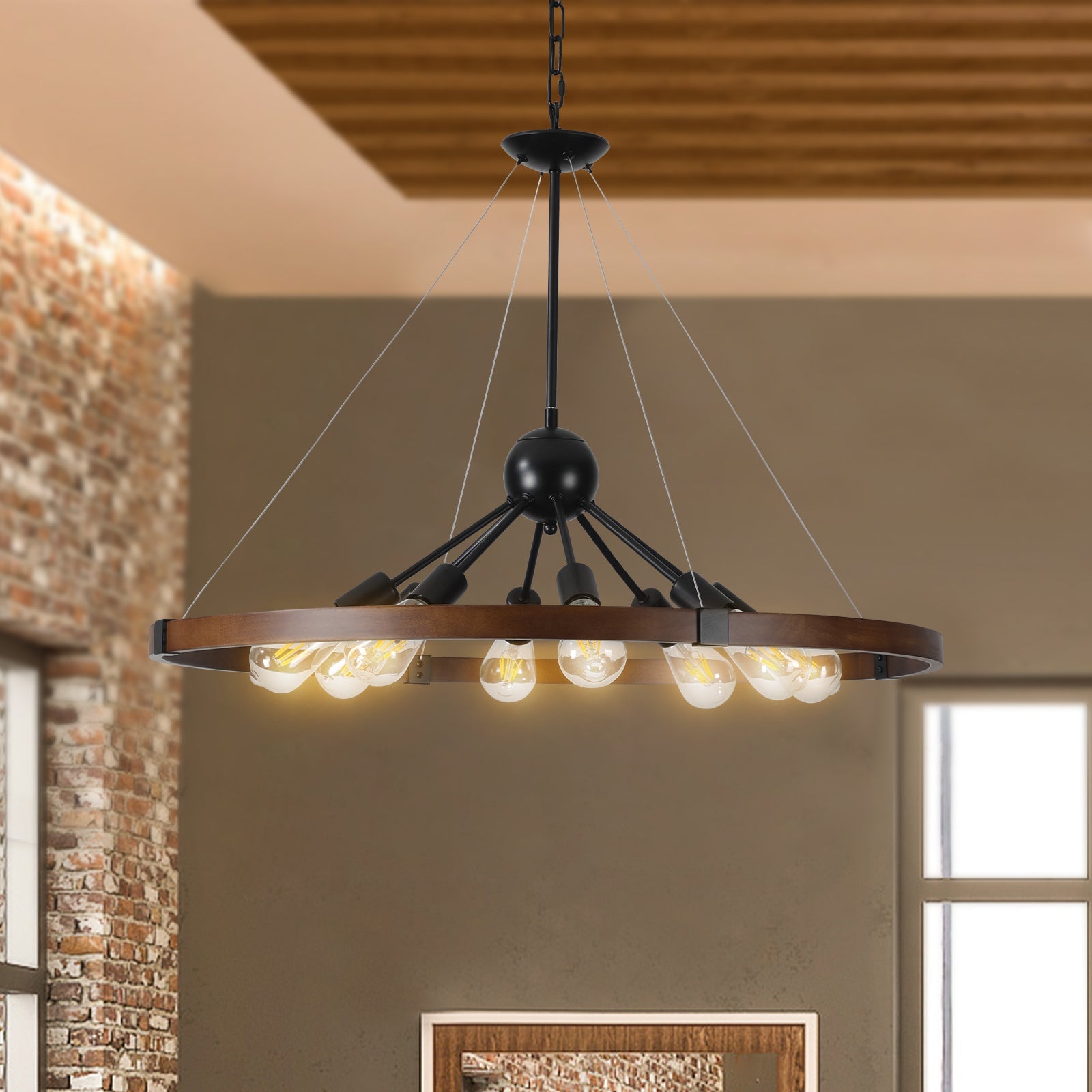 (Same as W1340111208/L1012) 8-Light Retro Farmhouse Chandelier For Kitchen, Living room, Dining room Red and Walnut(No Bulbs)