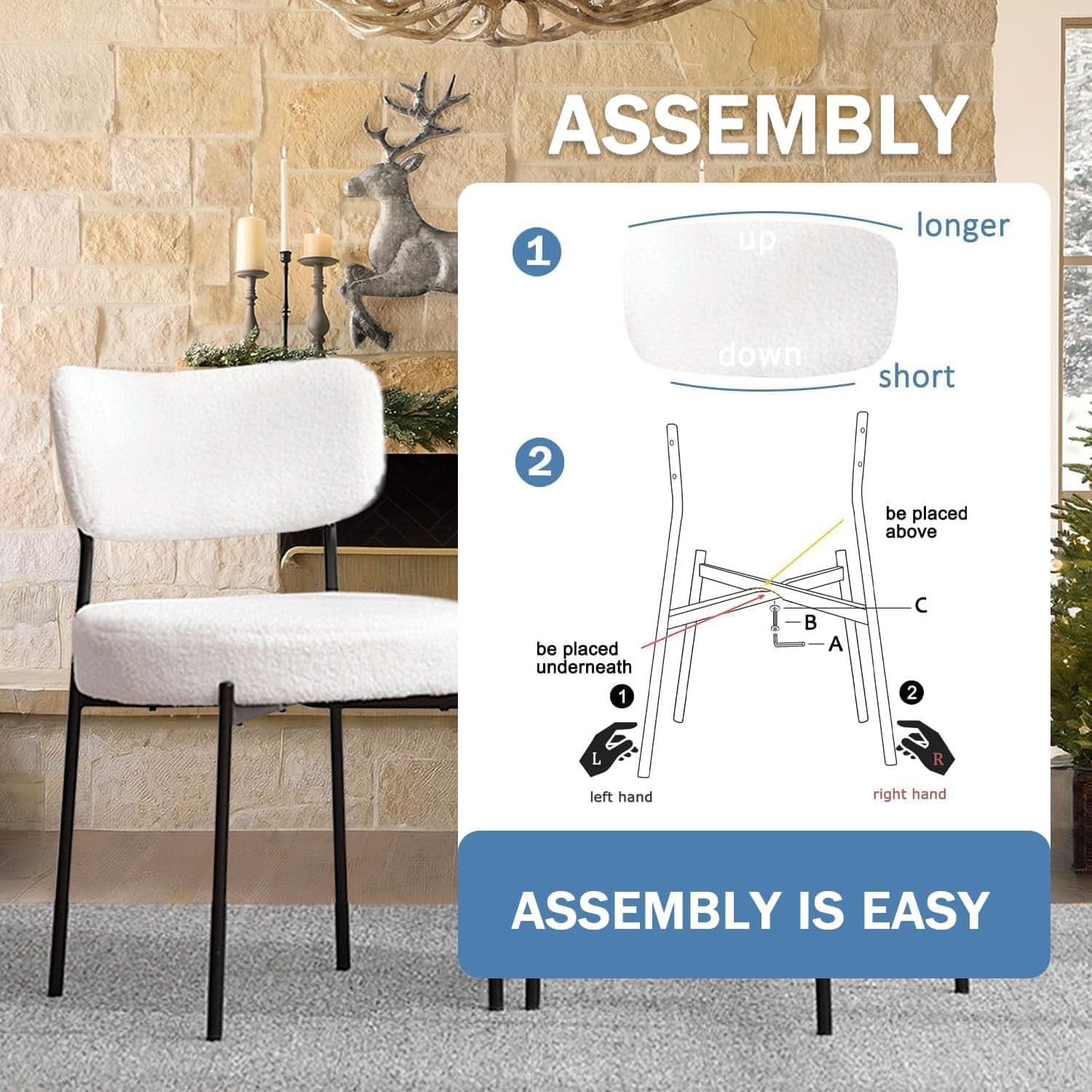White Boucle Upholstered Dining Chairs With Cushions