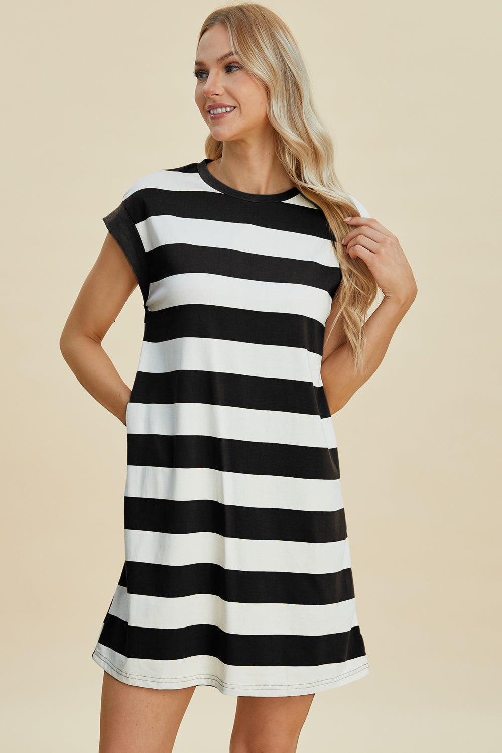 Full Size Striped Round Neck Cap Sleeve Mini Dress For Women – Striped Mini Dress, Full-Size Round Neck Dress, Comfortable Cap Sleeve Dress, Chic Striped Dress, Flattering Mini Dress, Casual Everyday Dress, Versatile Striped Dress