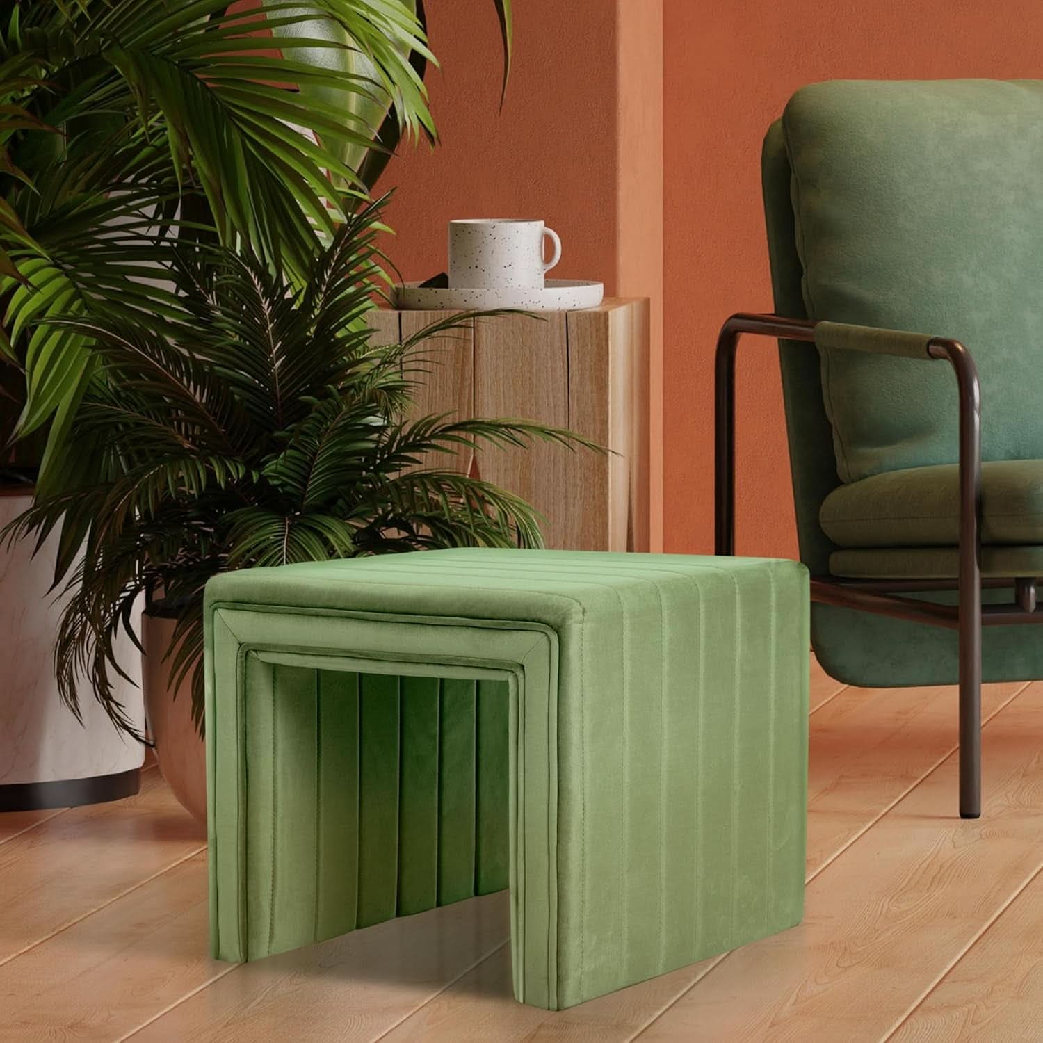 Elegant Green Velvet Tufted Channel Ottoman Footstool
