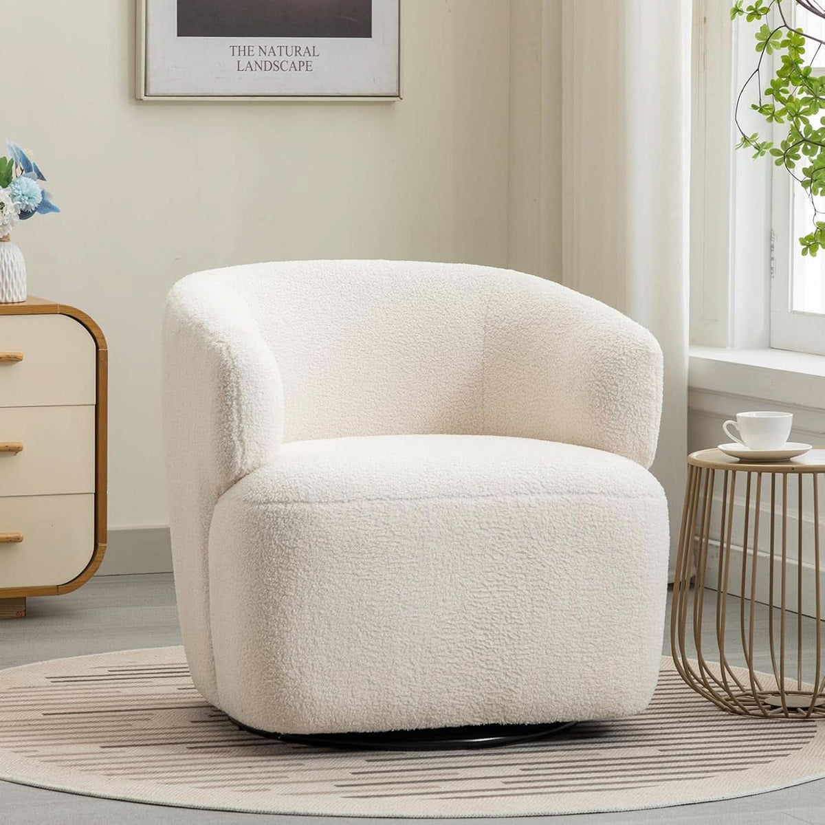 Beige Sherpa Boucle Swivel Barrel Chair Deluxe Premium