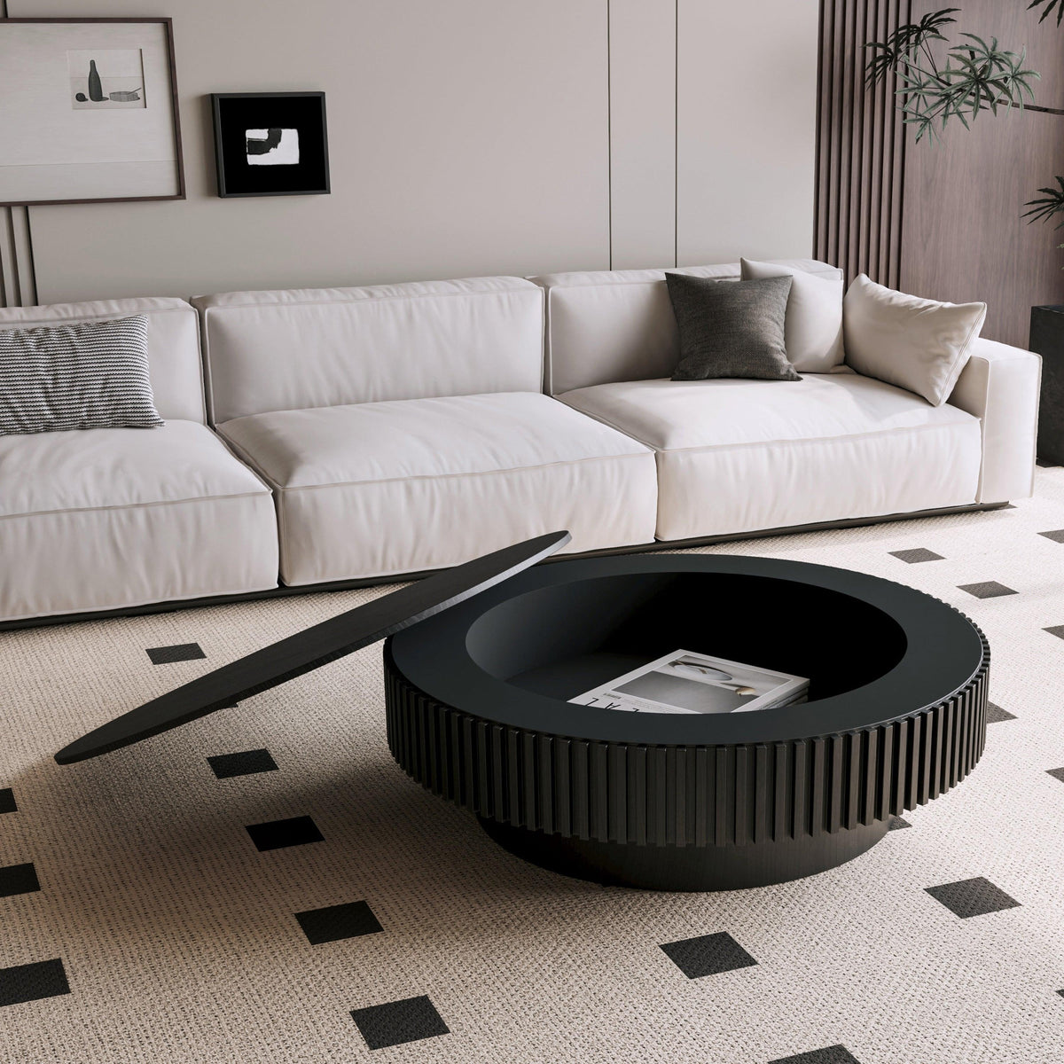 Modern Black Round Mushroom Coffee Table with Hidden Storage