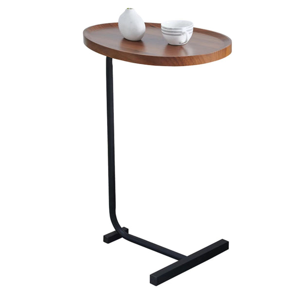 Single Brown C-shaped Side Table with a minimalist oval wood top and sturdy black metal base, perfect for accent furniture.