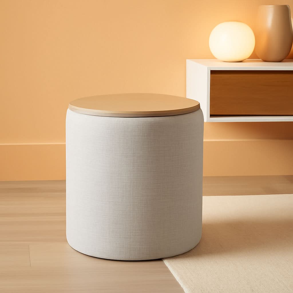 Storage Ottoman 18 Inch Wood Top Gray Textured Fabric
