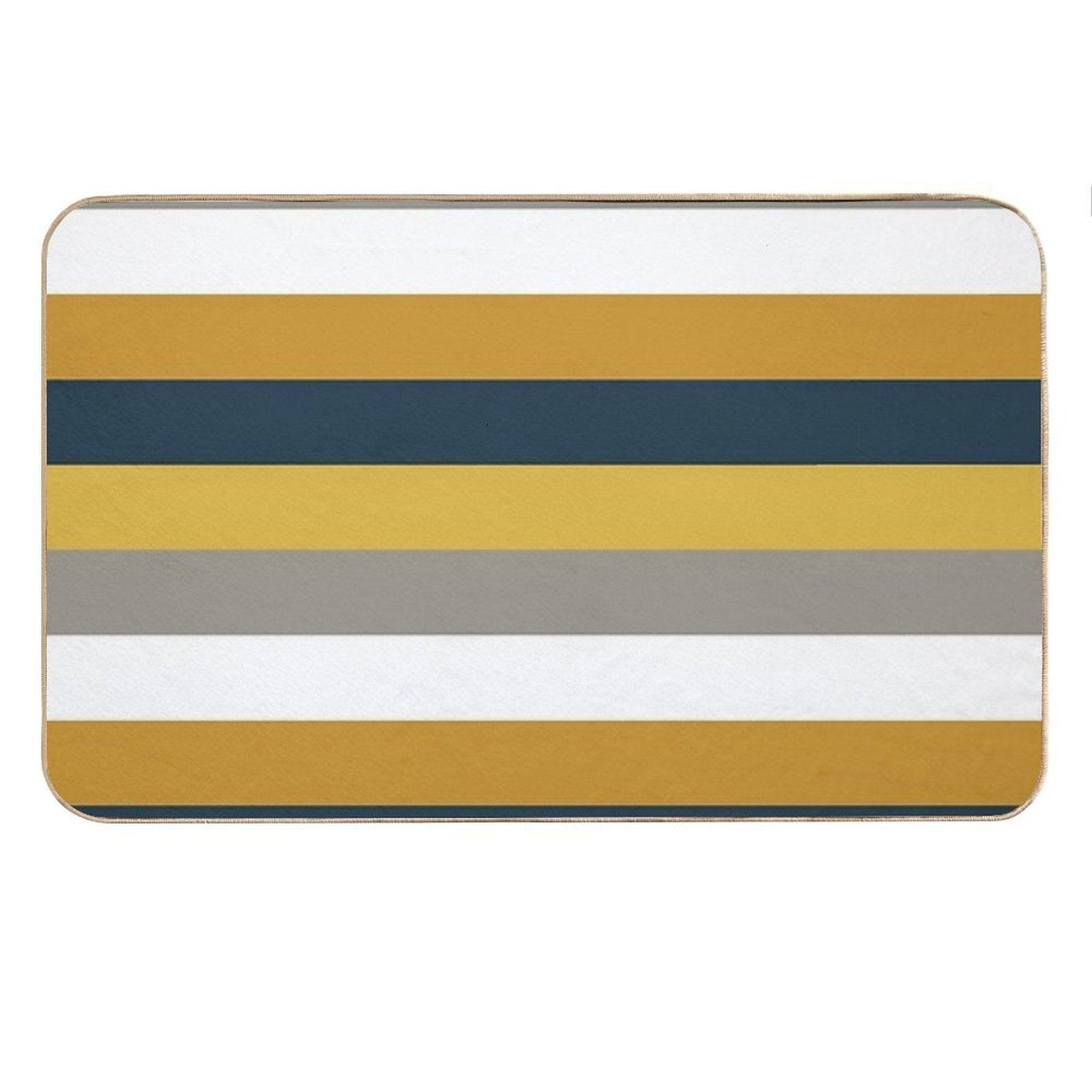 Broad Stripes Pattern in Light And Dark Mustard Yellow, Grey, White, And Navy Blue Bath Mat