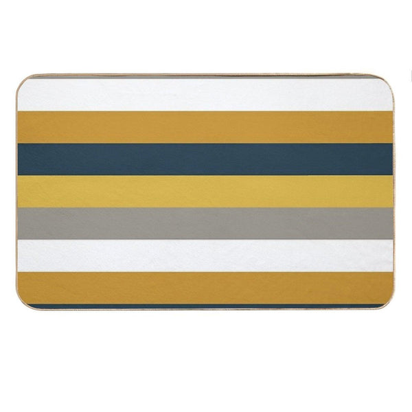 Broad Stripes Pattern in Light And Dark Mustard Yellow, Grey, White, And Navy Blue Bath Mat