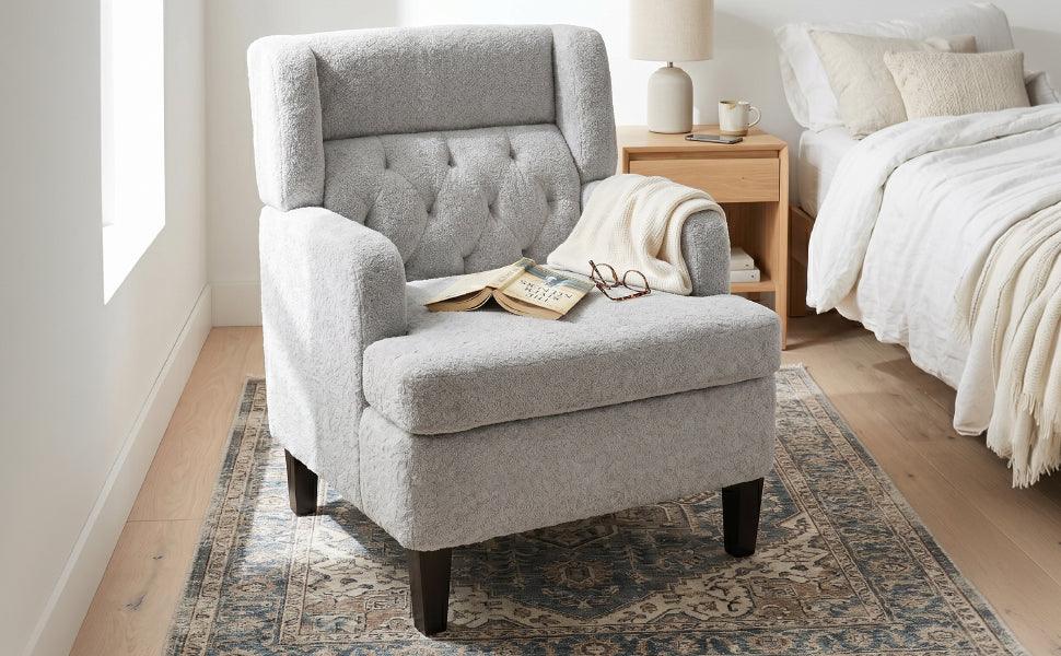 Modern Light Grey Tufted Accent Chair with Plush Upholstery & Wood Legs