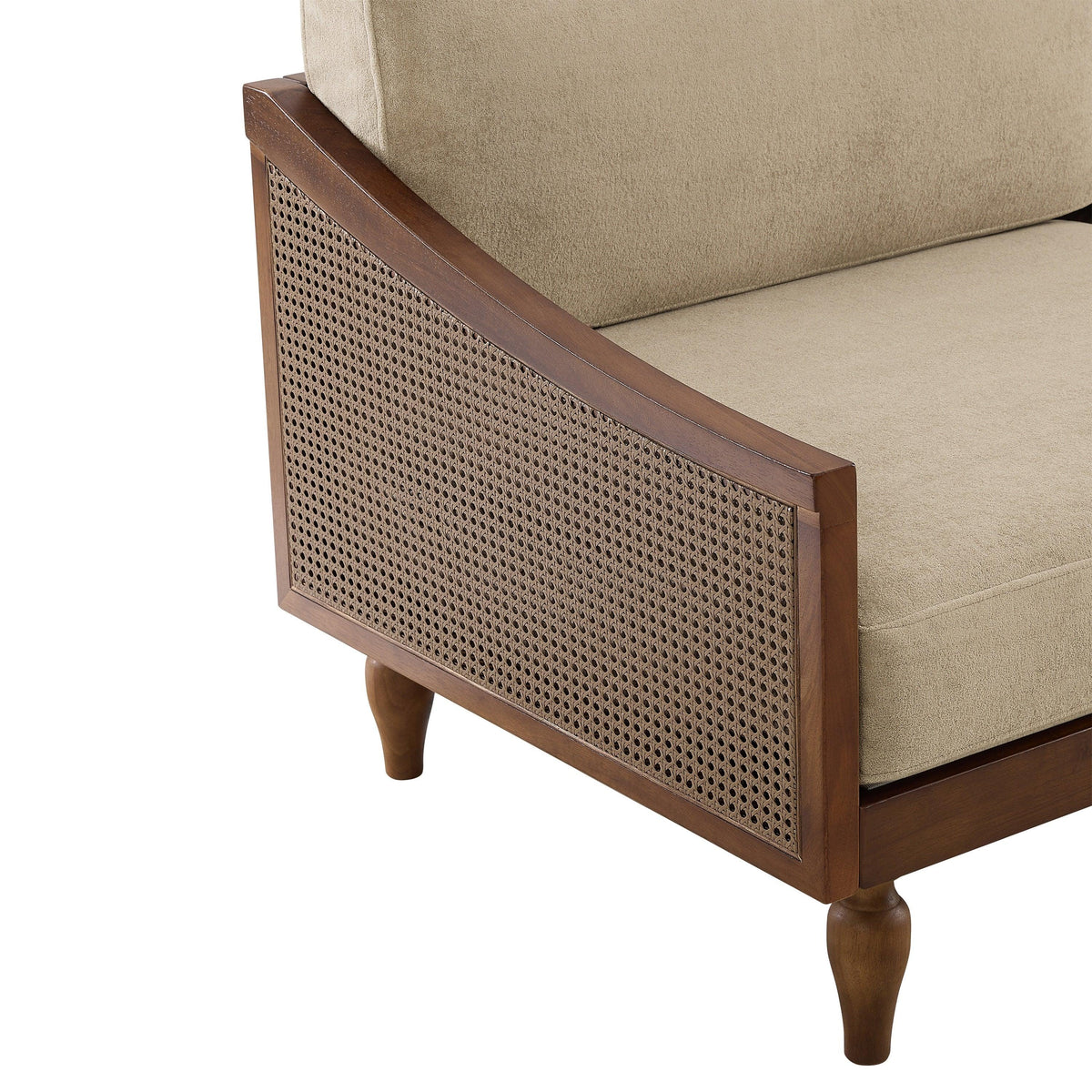 Modern Light Brown Chenille 3-Seater Sofa with Solid Wood Frame & Rattan Arms