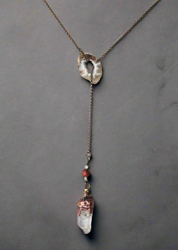 Copper & Brass Raw Quartz Lariat - Grounded Soul | By Blackbird & Sage