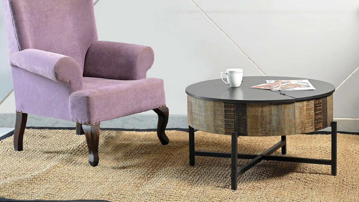 Rustic Mango Wood Coffee Table with Hidden Storage – Modern Iron Base Center Table