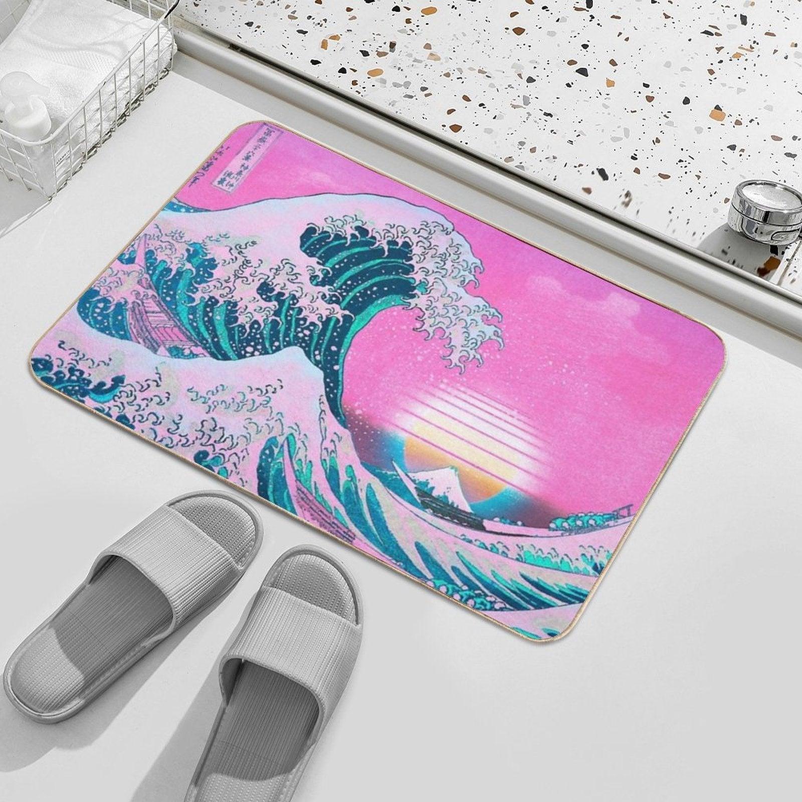 Vaporwave Aesthetic Great Wave Off Kanagawa Retro Sunset Bath Mat