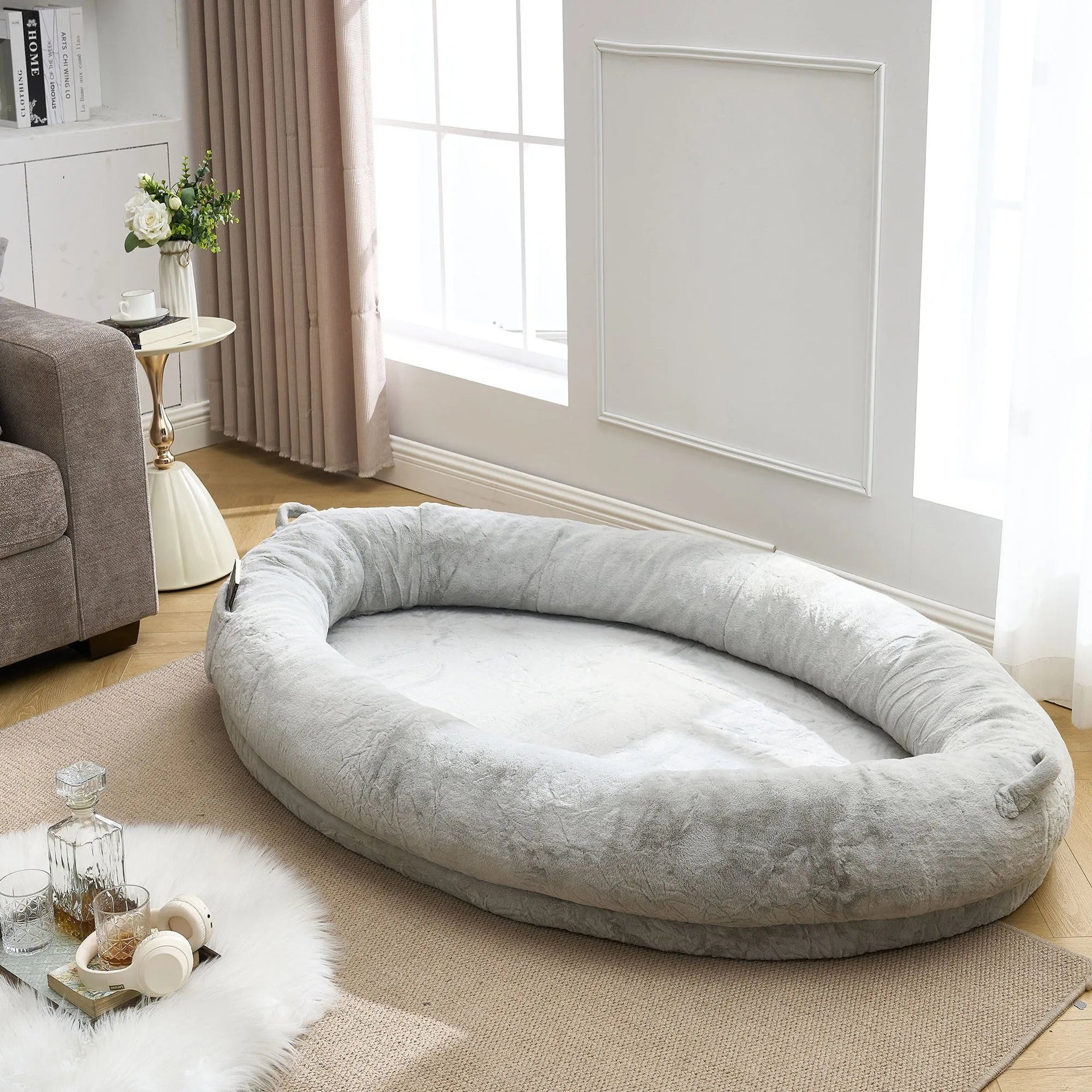 🇫🇷🇪🇪 🇸🇭🇮🇵🇵🇮🇳🇬 Human Dog Bed for Adult, Memory Foam Human Size Pet Bed for Human With Storage Pocket, Light Gray
