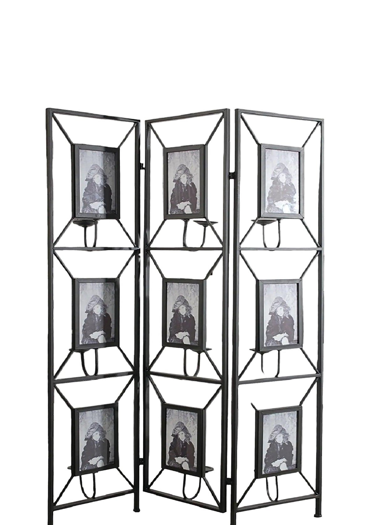 Vintage Black Metal Room Divider with Photo Frames, Antique Mirrors & Candle Holders