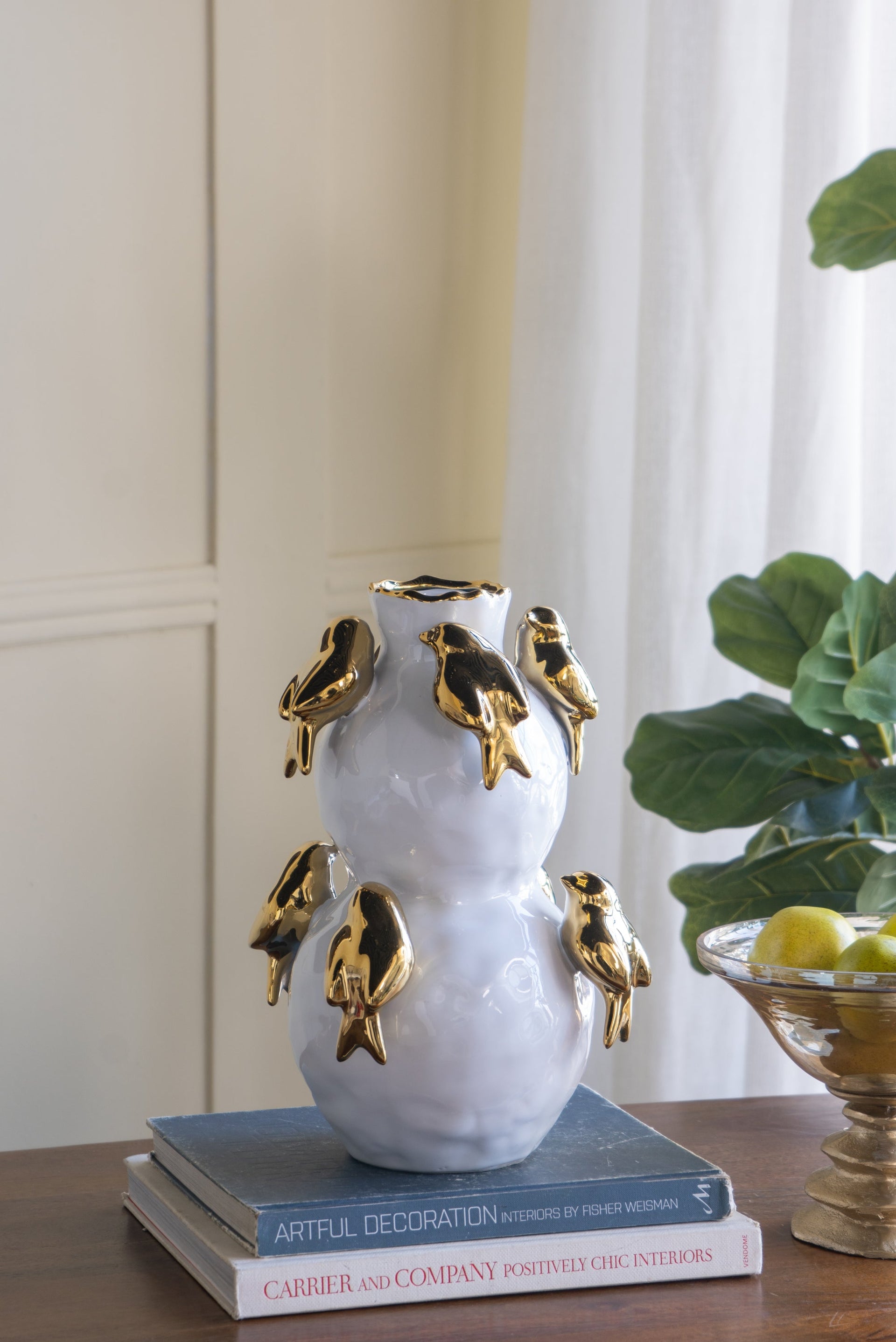 White Ceramic Vase with Gold Bird Accents