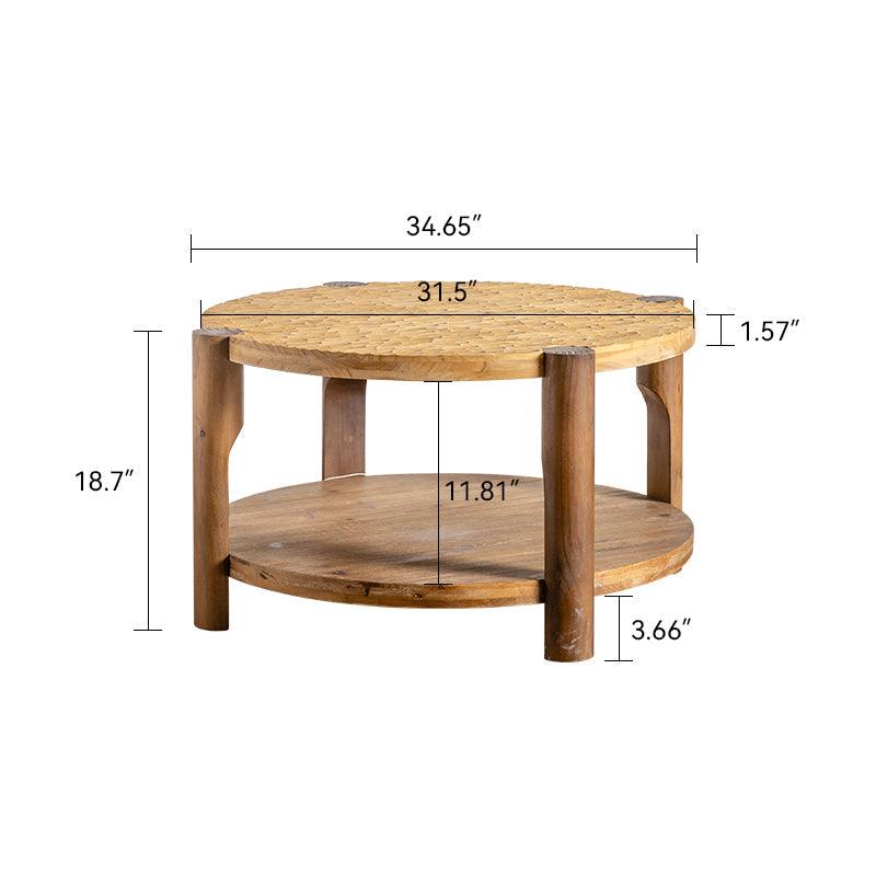 Round Natural Wood Coffee Table with 2-Tier Storage Shelf for Living Room