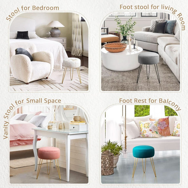 Gold Velvet Lux Vanity Stool 18Inch Round Plush Ottoman