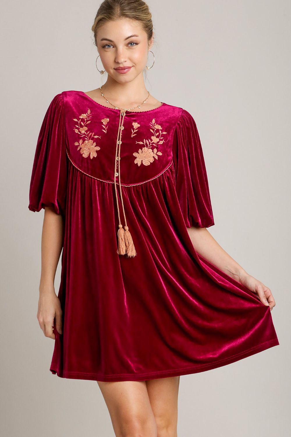 Embroidered Half Sleeve Velvet Mini Dress with Tassel For Women – Luxurious Velvet Dress, Embroidered Tassel Mini Dress, Elegant Party Dress