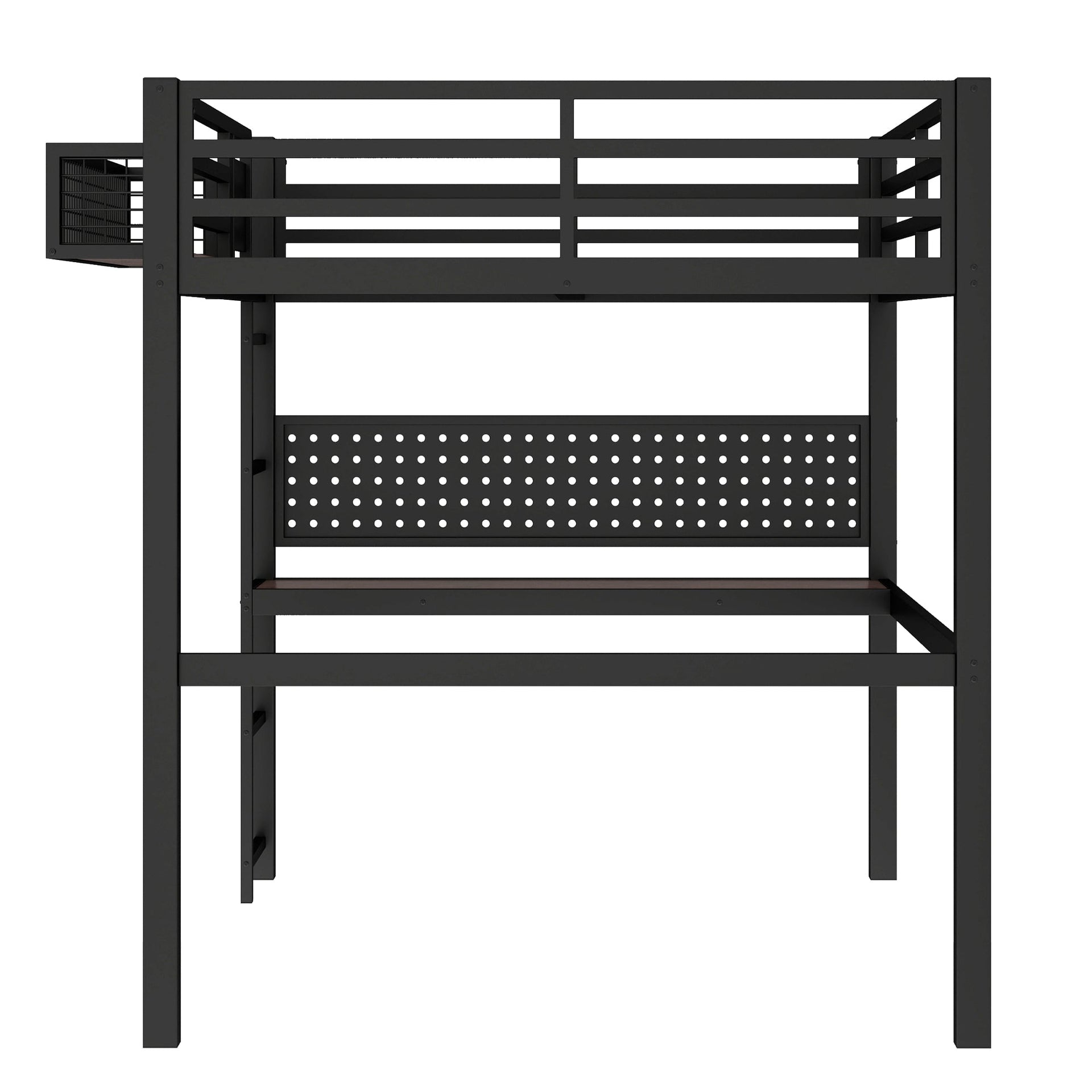 Full Size Loft Bed Frame with Desk and Storage Basket