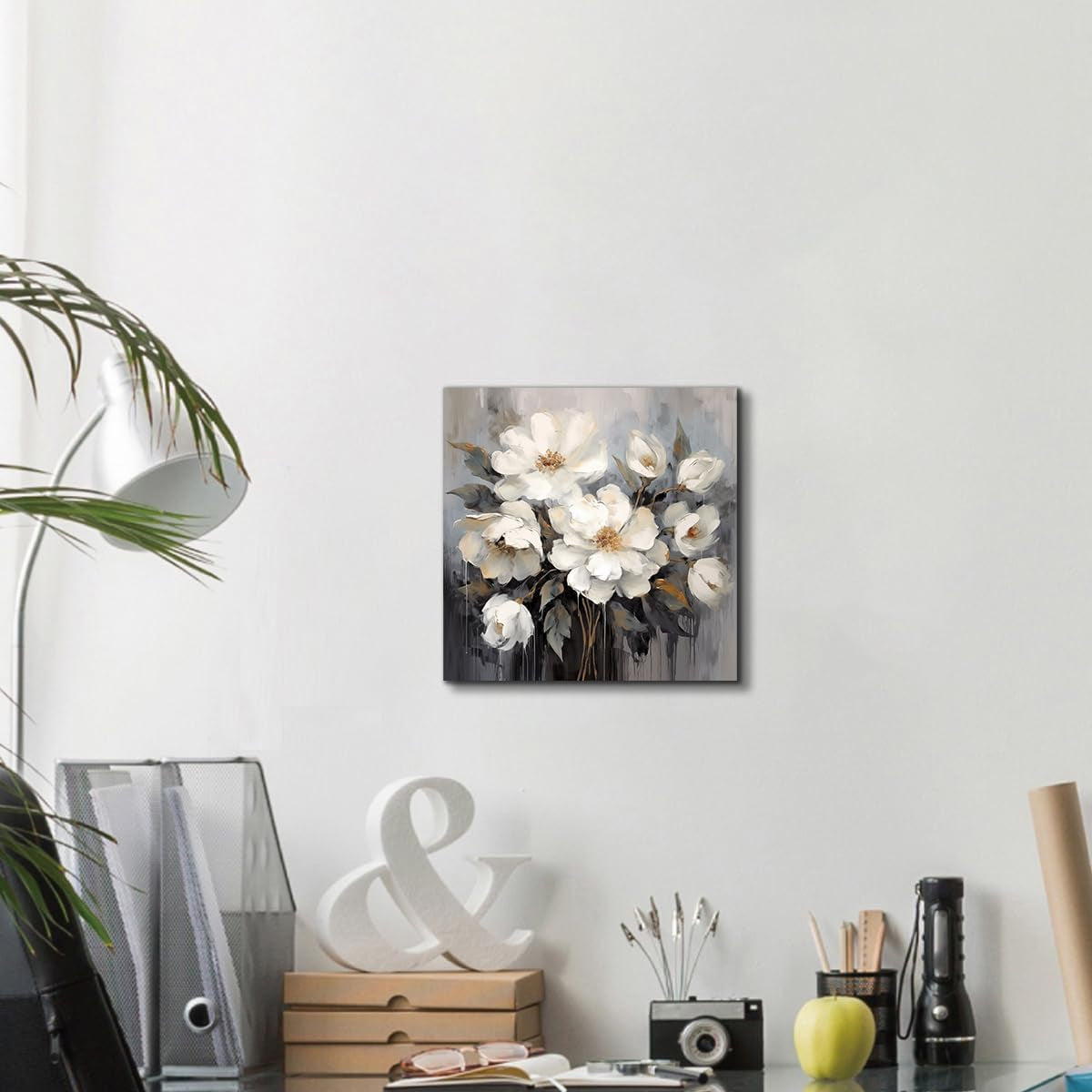 Stunning White and Gray Flower Canvas Art - Elegant 12x12 Inch Wall Decor for Bathroom, Bedroom, and Office