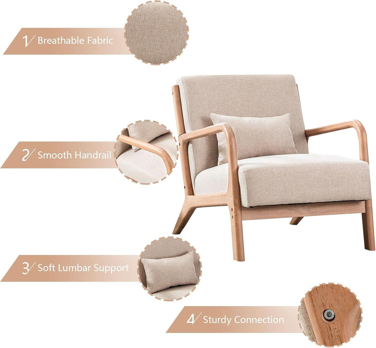 Beige Luxuriously Upholstered Mid Century Modern Chair