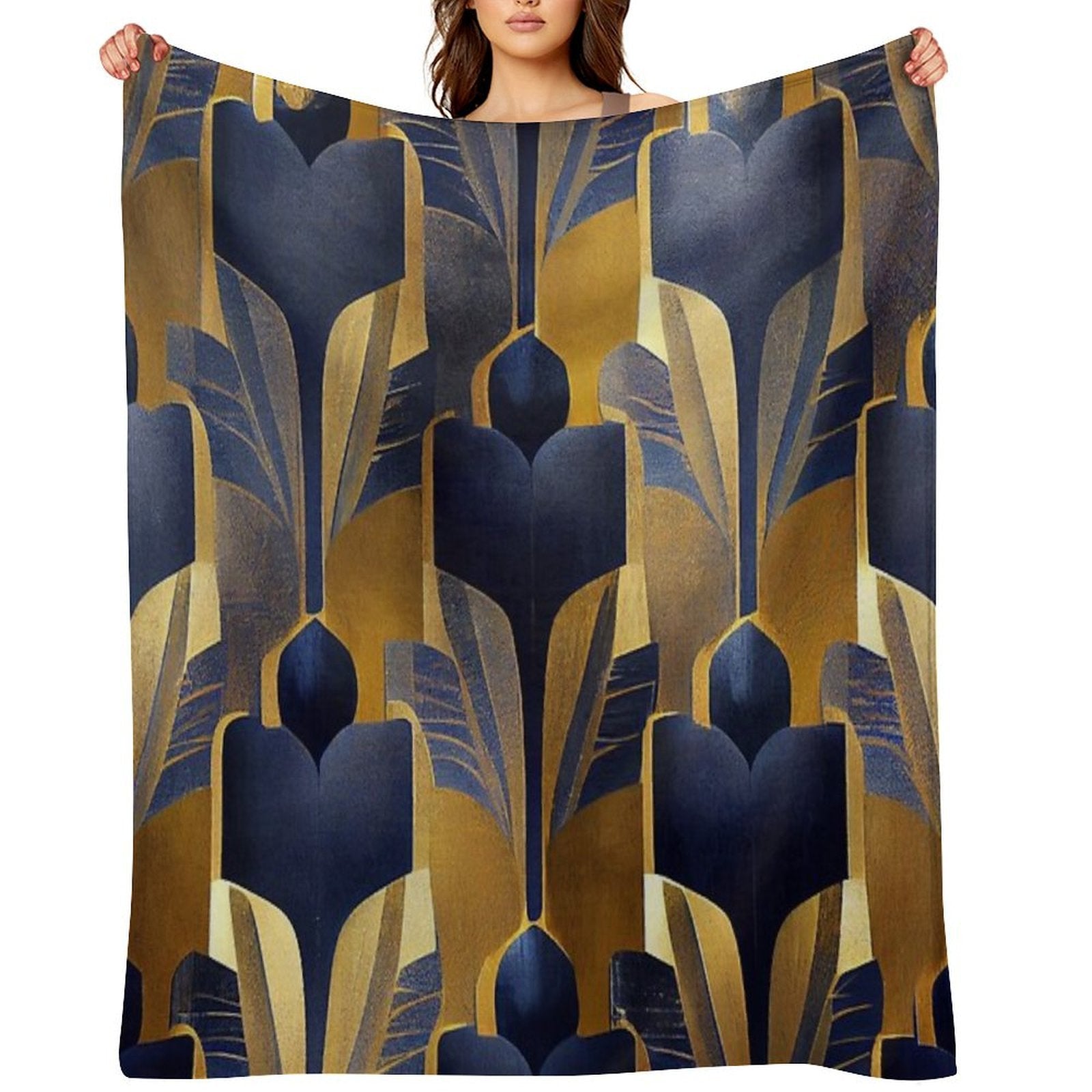 Vintage Royal Blue And Golden Art Deco Pattern Premium Throw Blanket