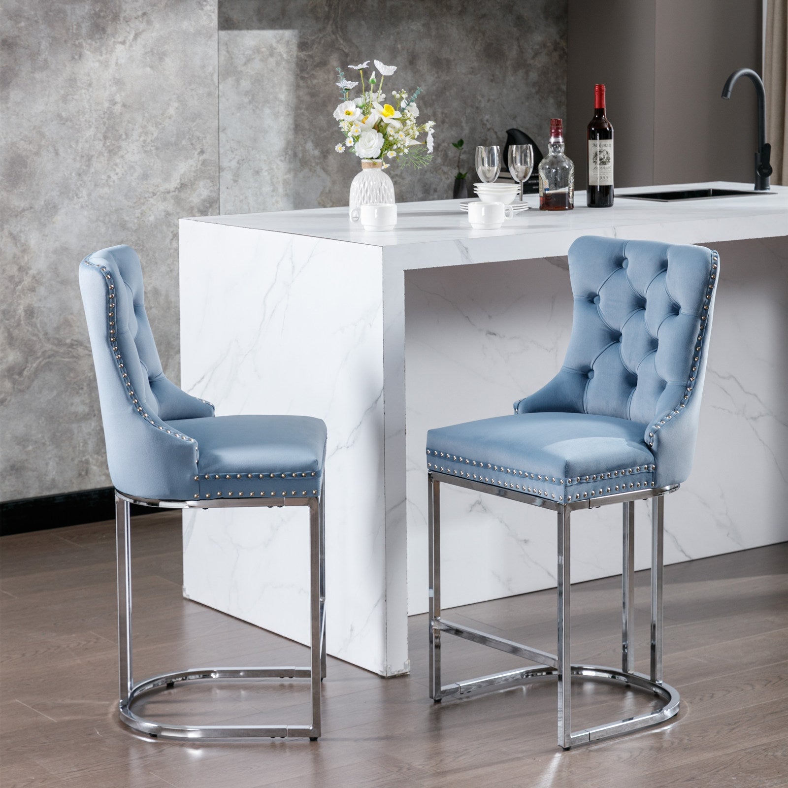 Set of 2 Light Blue Velvet Wing‑Back Bar Stool Set