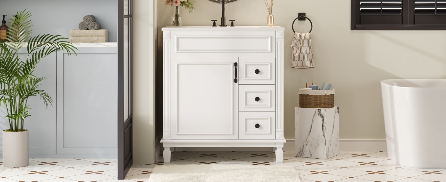 Bathroom Vanity with Ceramic Sink, Modern Cabinet with 2 Drawers & Shelf