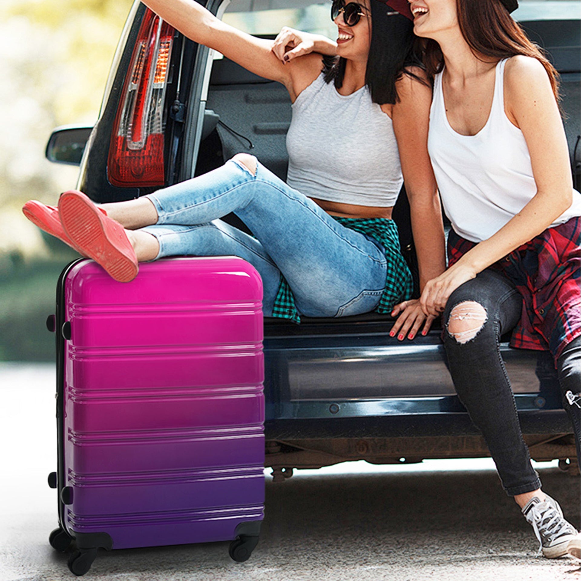 Hardshell Luggage Sets 3 Piece Gradient Color Expandable Suitcase with Spinner Wheels and TSA Lock Lightweight 20' 24' 28' Available,Purple and Pink