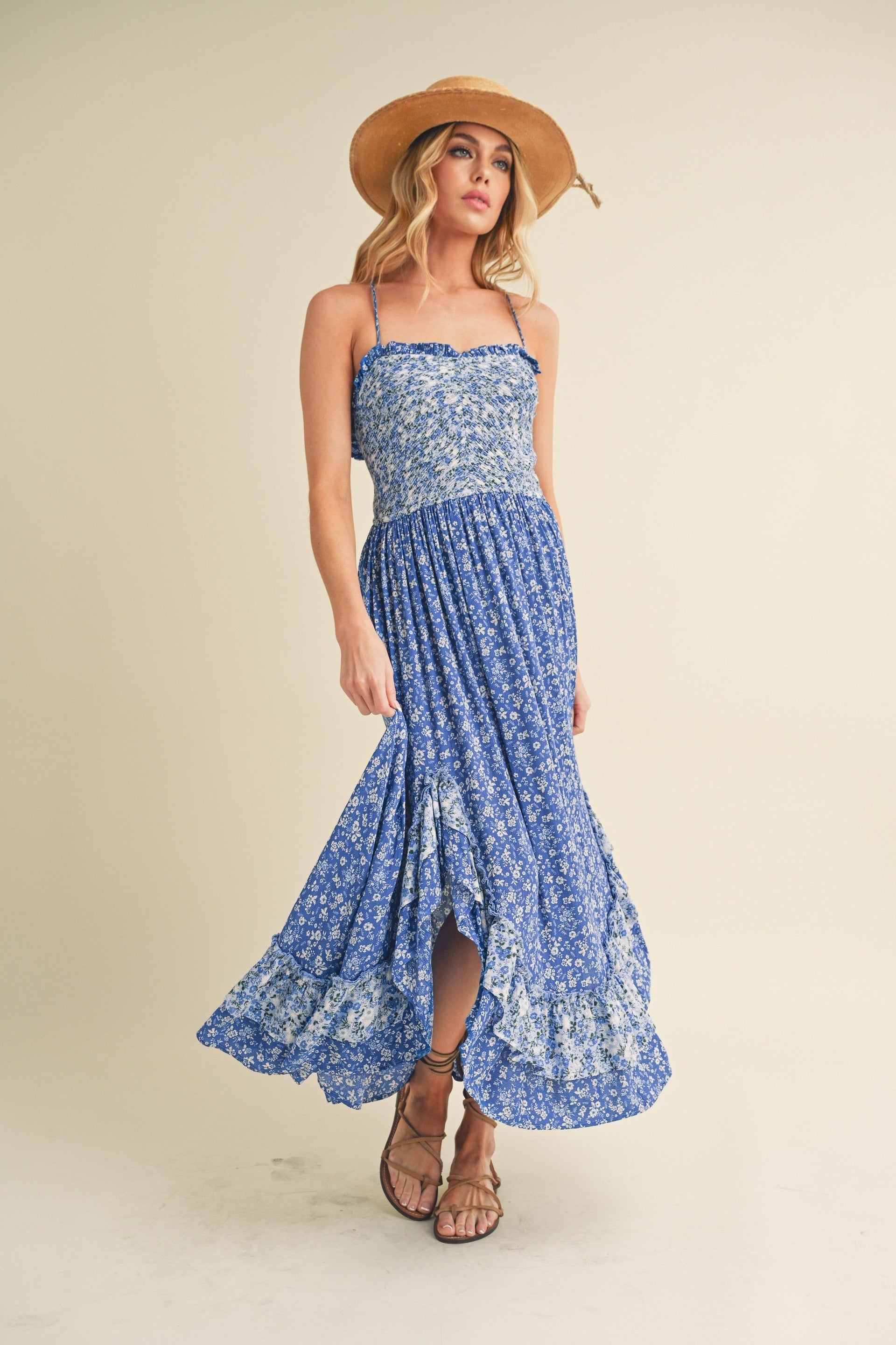 Ditsy Floral Ruffled Hem Maxi Women Cami Dress –Feminine Floral Print, Elegant Maxi Length, Flowy & Comfortable Design for Casual & Special Occasions